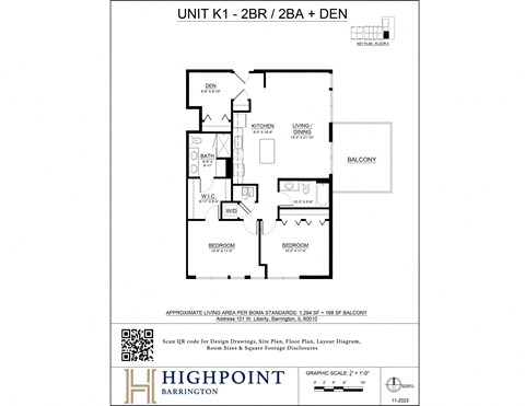 Floor plan for 2 beds, 2 baths, 1294 sqft